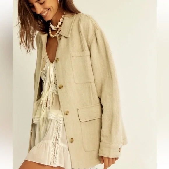#217 NWT Free People Lucy Linen Chore Coat in Natural